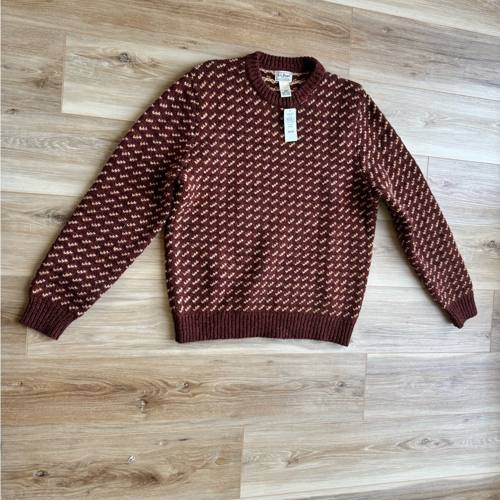 L.L. Bean Men's Maroon and Cream Crewneck Sweater 100% lambswool